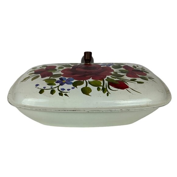 Vintage Toleware Silent Butler Crumb Catcher with Lid Wooden Handle Red Roses - Picture 2 of 7